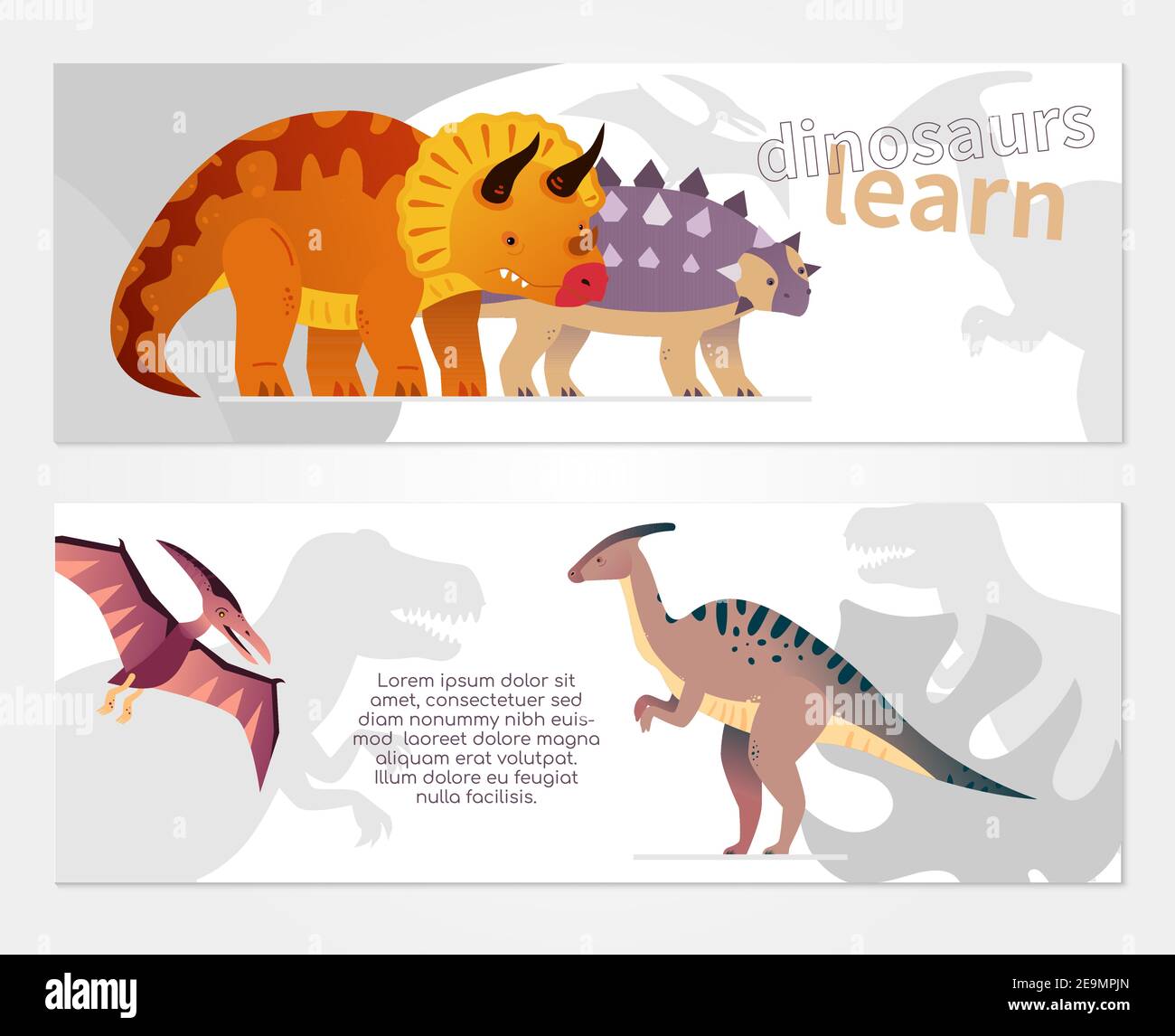 Apprenez les dinosaures - ensemble de bannières plates de style design avec espace de copie pour le texte. Images colorées de triceratops, ankylosaurus, pteranodon, parasaurolophus Illustration de Vecteur