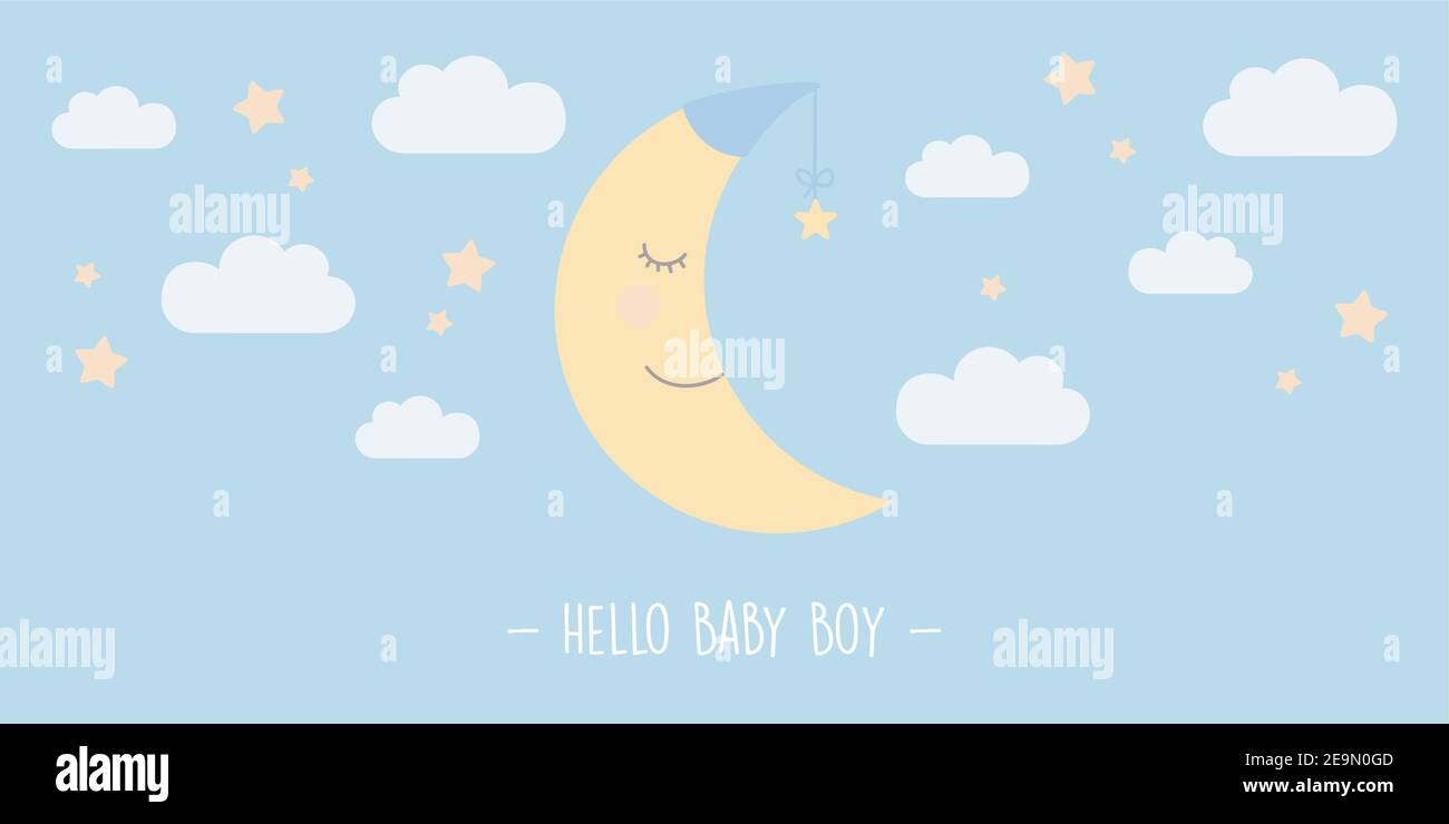 carte de vœux hello baby boy avec illustration de vecteur de lune mignonne EPS10 Illustration de Vecteur