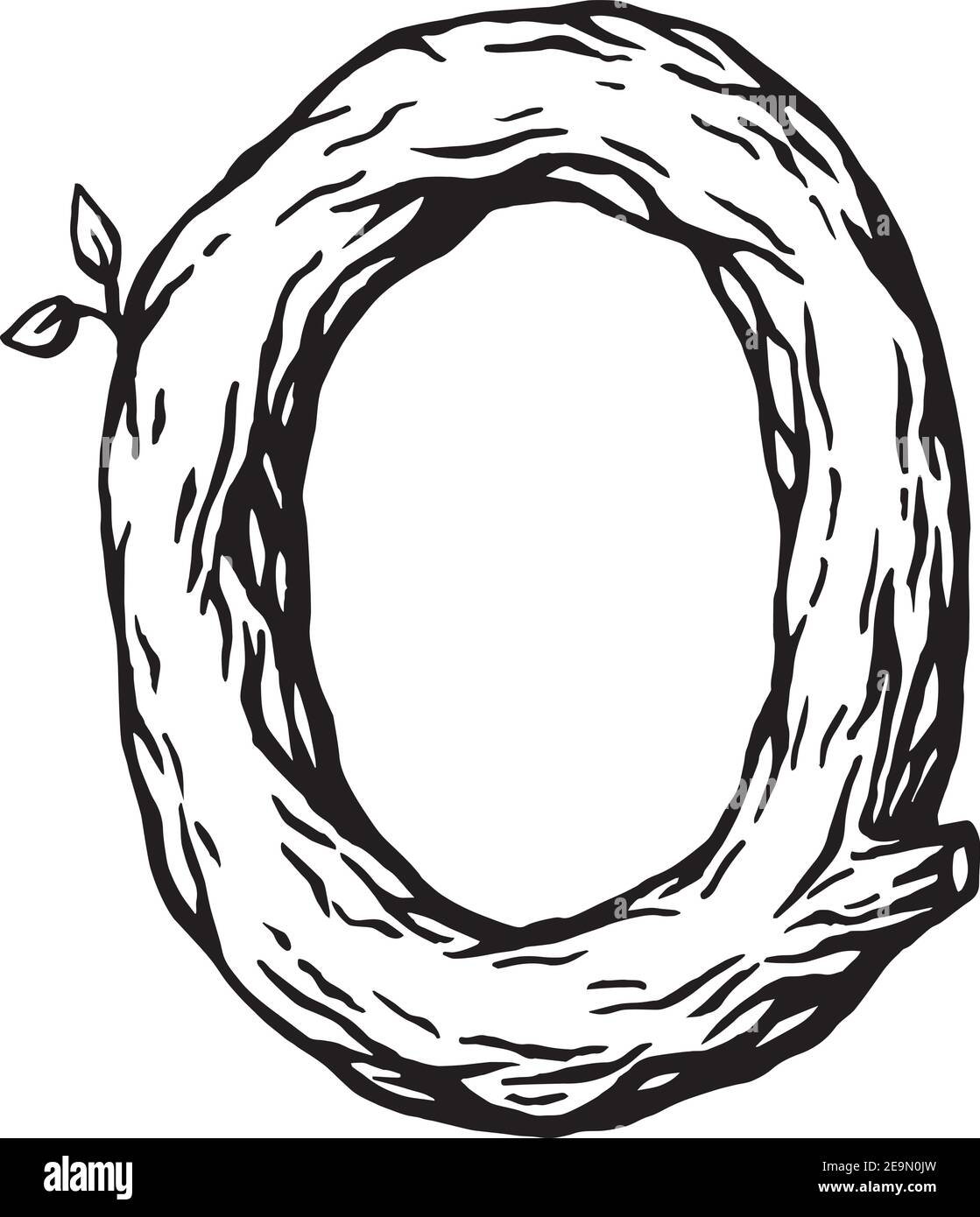 Gravure noire lettre O en bois avec feuilles le fond blanc Illustration de Vecteur