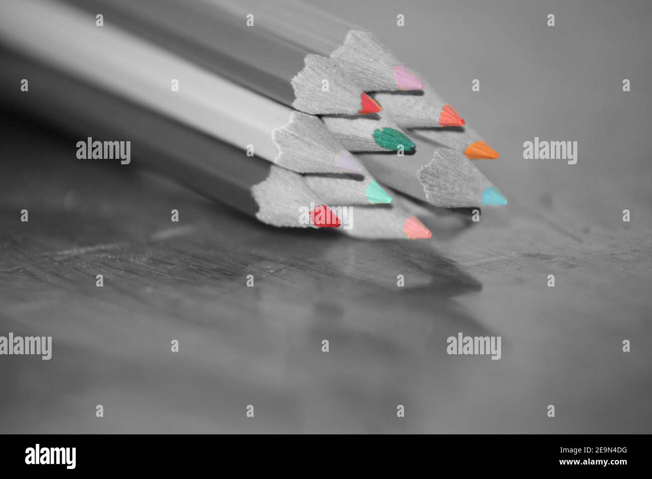 Image macro noir et blanc avec crayons de couleur Banque D'Images