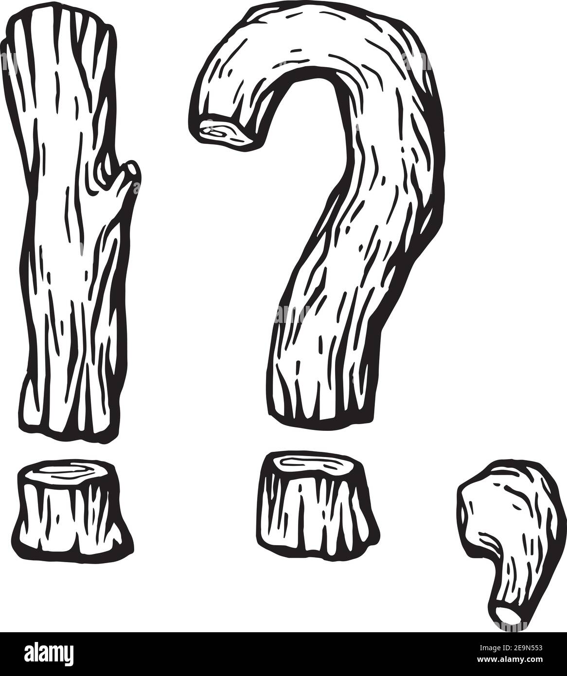 Gravure signes de ponctuation point d'interrogation, point d'exclamation, virgule en bois sur le blanc Illustration de Vecteur