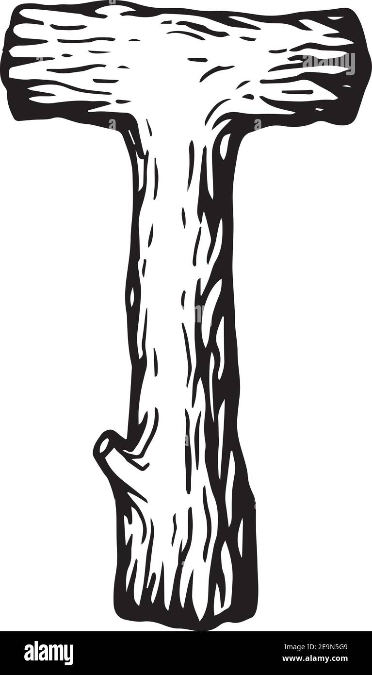 Gravure noire lettre T en bois avec feuilles le fond blanc Illustration de Vecteur