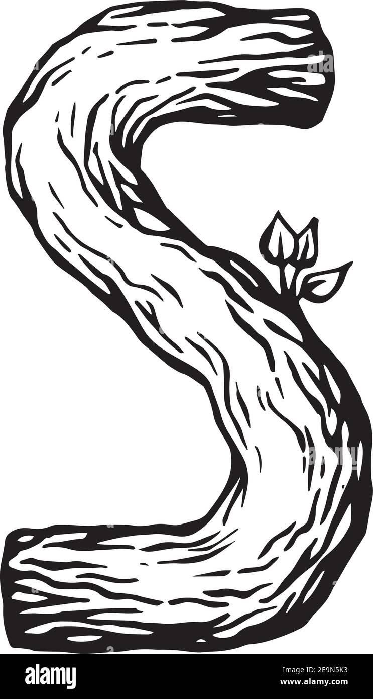 Gravure noire lettre S en bois avec feuilles le fond blanc Illustration de Vecteur