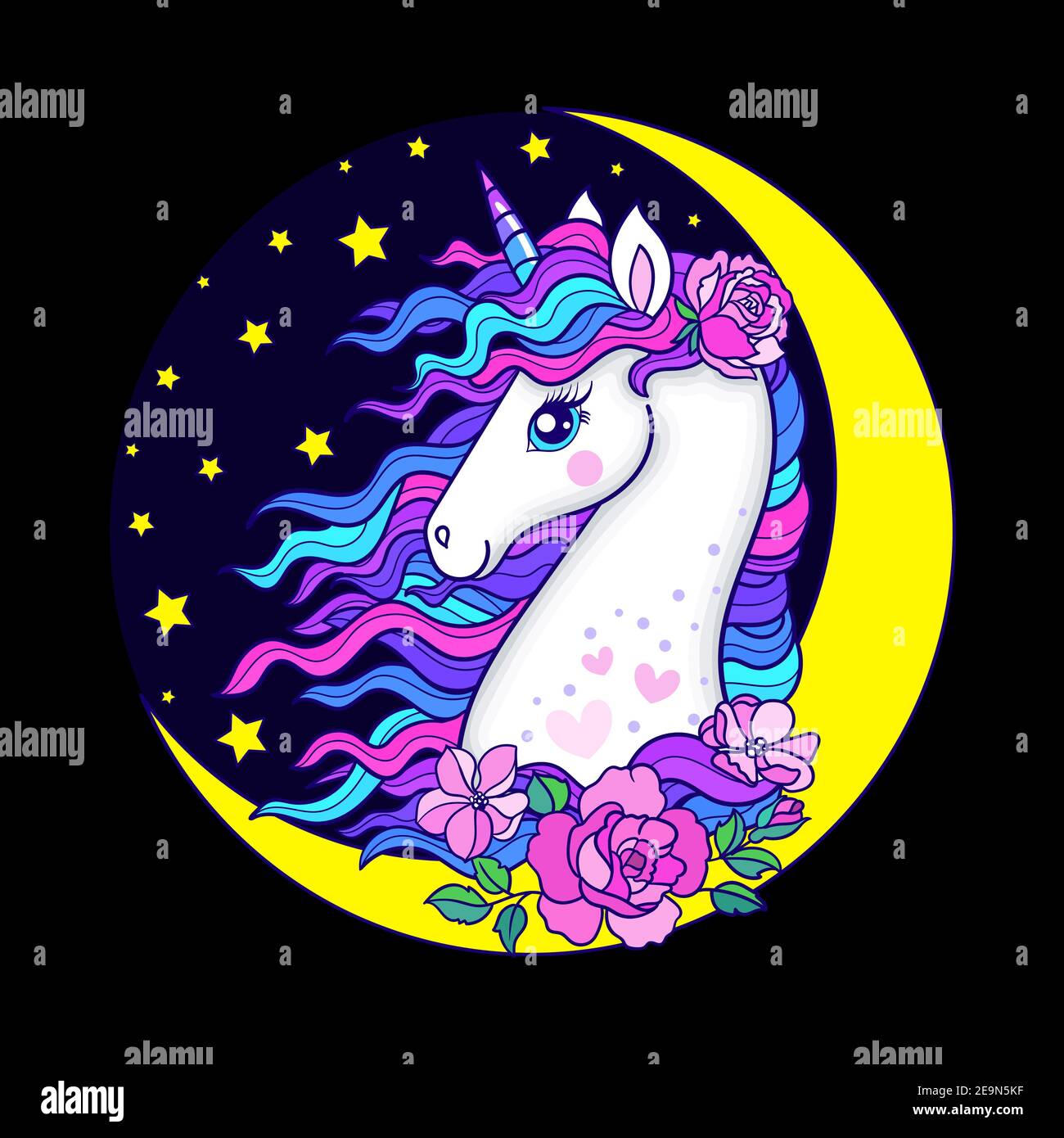 Tête d'une licorne blanche avec une forme arc-en-ciel sur fond noir. Fantastique illustration animal.Vector Illustration de Vecteur
