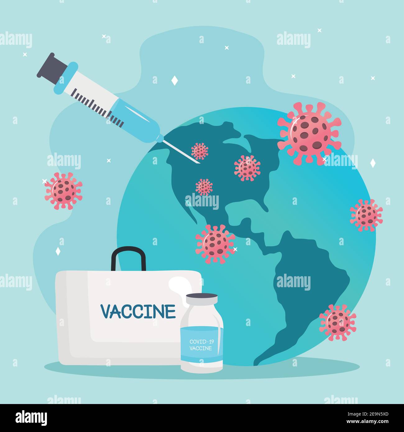 kit de vaccins contre le virus covid19 avec seringue et particules dans la terre planète Illustration de Vecteur