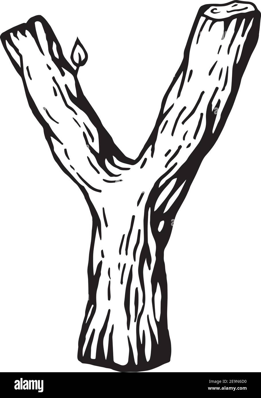 Gravure noire lettre y en bois avec feuilles le fond blanc Illustration de Vecteur