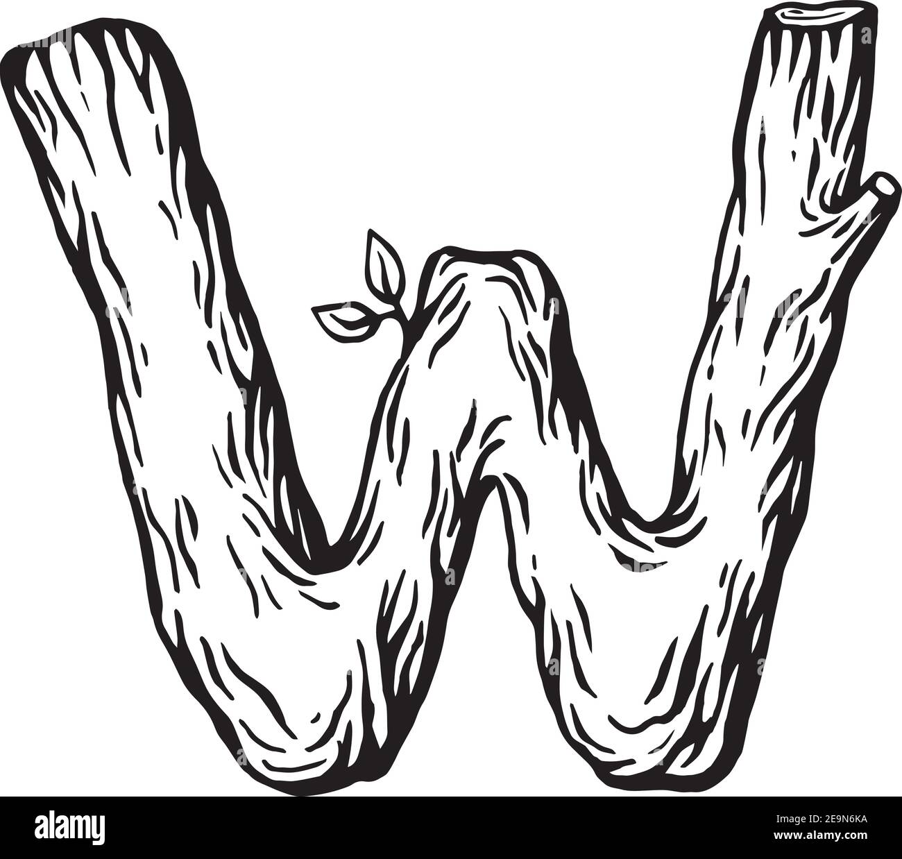 Gravure noire lettre W en bois avec feuilles le fond blanc Illustration de Vecteur