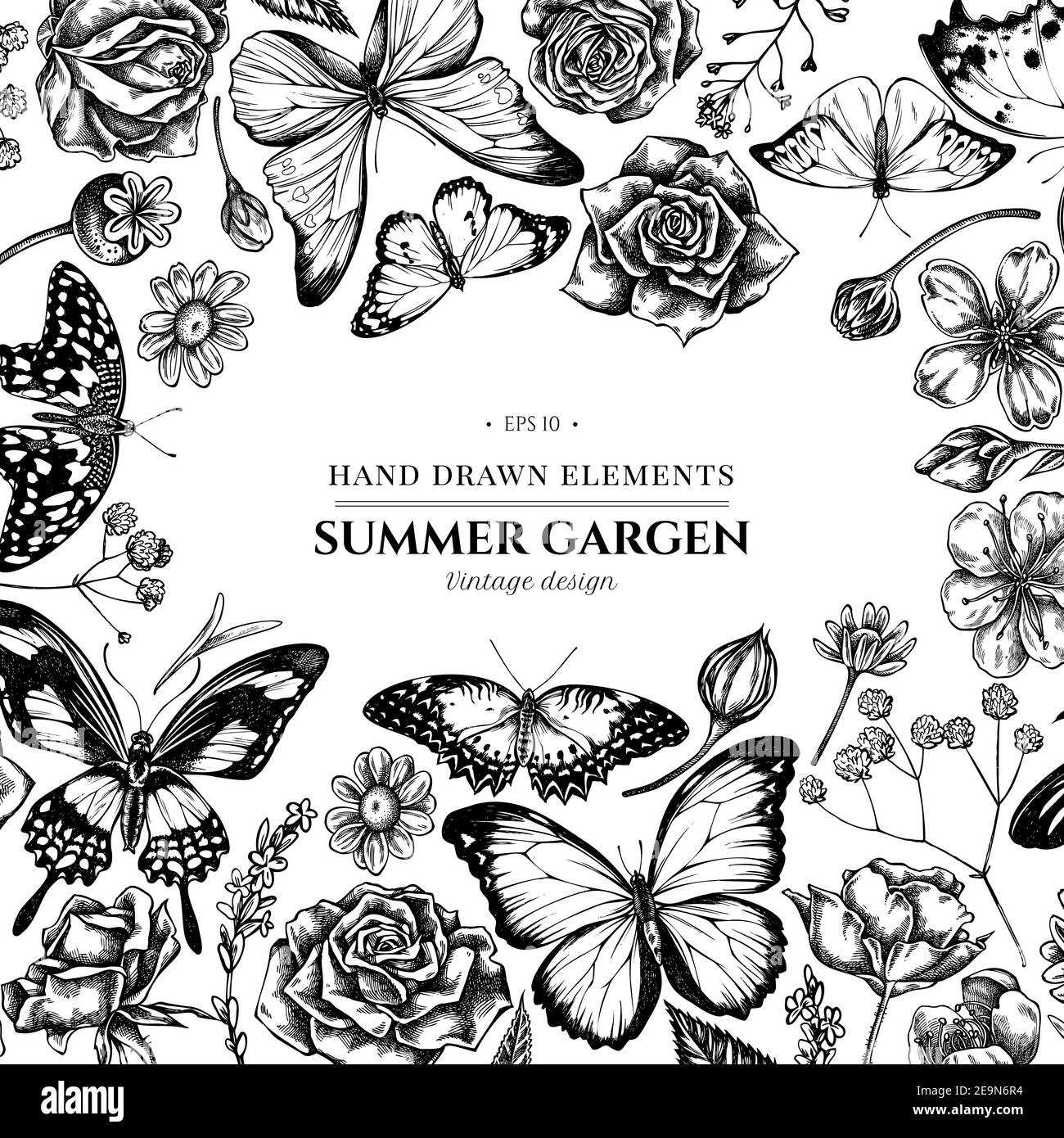 Motif floral avec sac à main noir et blanc de berger, bruyère, iris japonica, sakura, gitsophila, camomille, amande, fleur de pavot, calendula, menelaus Illustration de Vecteur