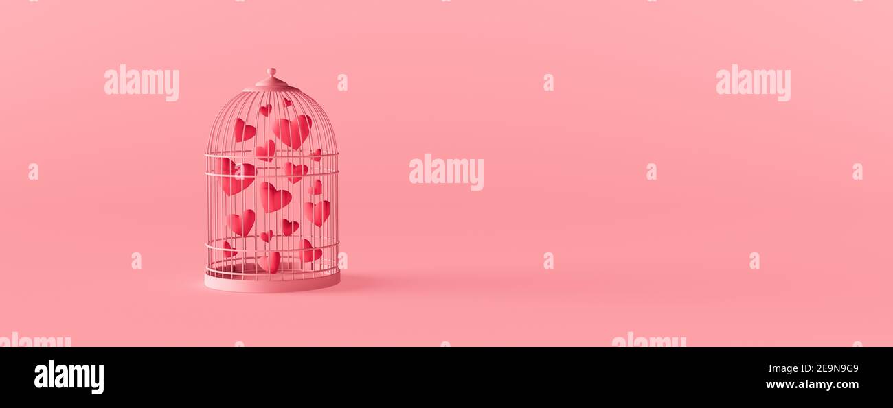 Ballons à cœur rouge piégés dans une cage à oiseaux. Le concept de la Saint-Valentin sur fond rose 3d rendu illustration 3d Banque D'Images