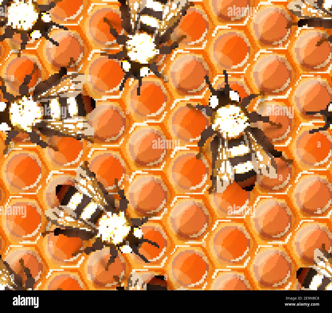 Motif nid d'abeille brillant doux avec beaucoup d'abeilles détaillées réalistes, motif sans couture Illustration de Vecteur
