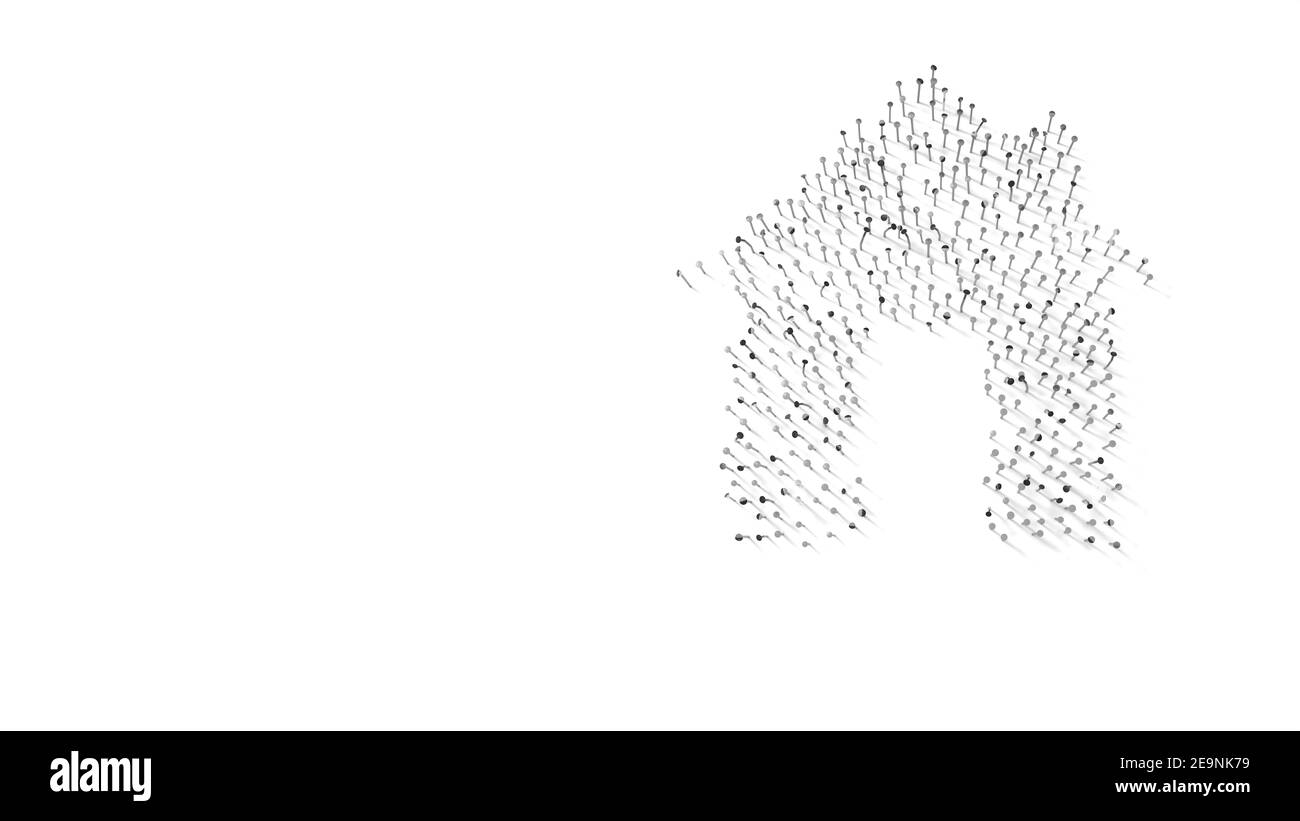 rendu 3d des ongles en forme de symbole de la maison avec grande porte et cheminée avec ombres isolées sur blanc arrière-plan Banque D'Images