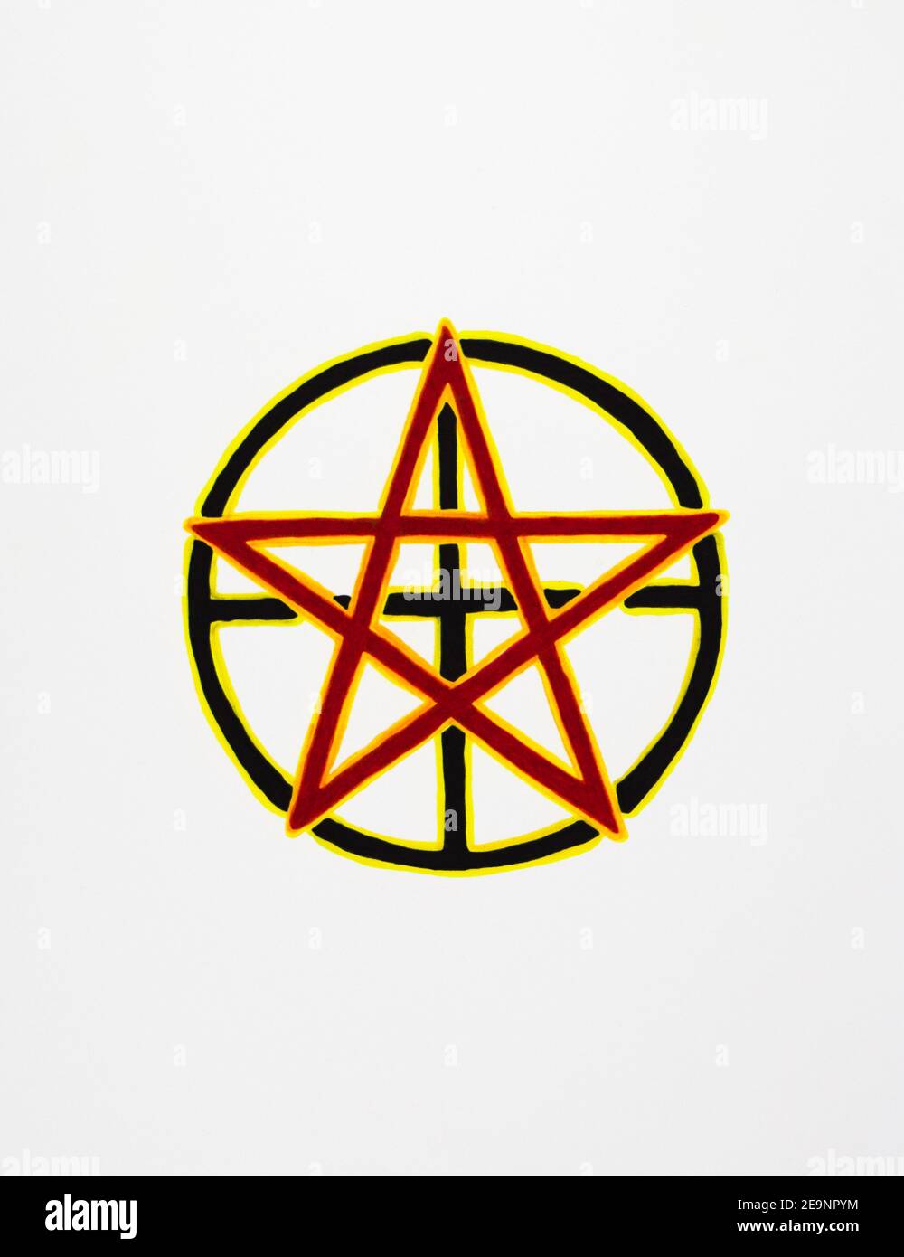 Pentagramme rouge dessiné à la main avec croix noire dans un cercle Banque D'Images