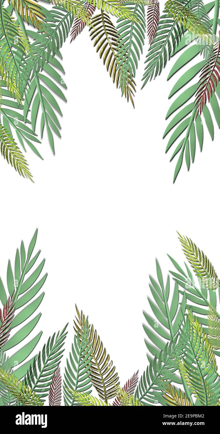 Motif de feuilles vert tropical sur fond blanc. Papier peint exotique. Illustration 3D Banque D'Images