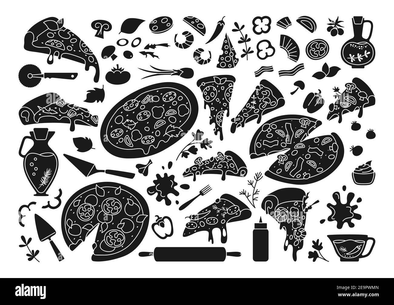 Ensemble de glyphes noir pour pizza. Pizzas italiennes dessinées à la main avec des légumes verts, du poivre, de la tomate et du fromage d'olive. Margarita et hawaïen, pepperoni ou fruits de mer mexicains. Collection vecteur de pizzas et d'ingrédients Illustration de Vecteur