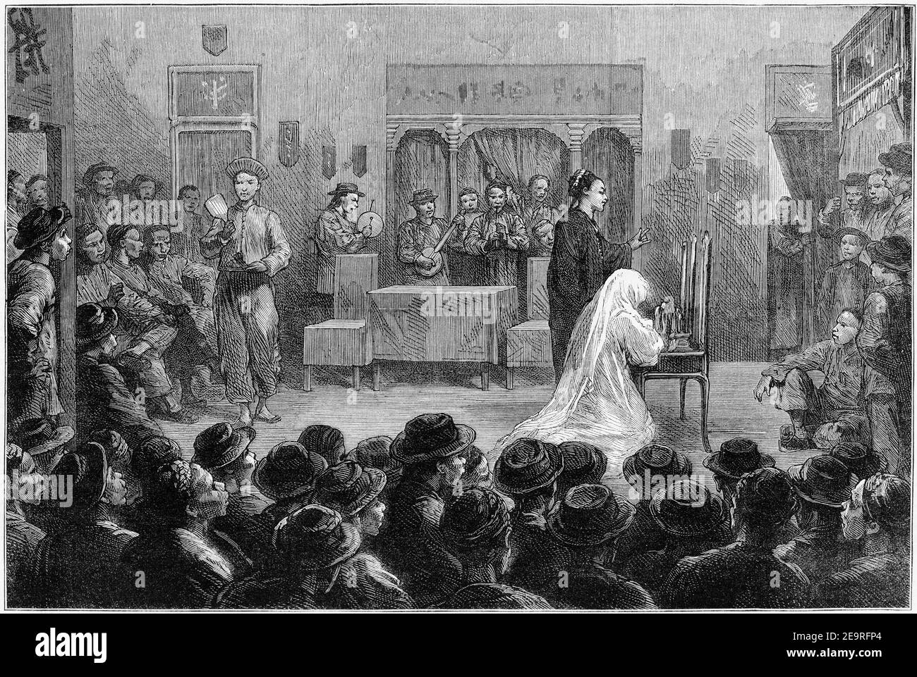 Gravure d'un théâtre chinois en action à San Francisco, vers 1880 Banque D'Images