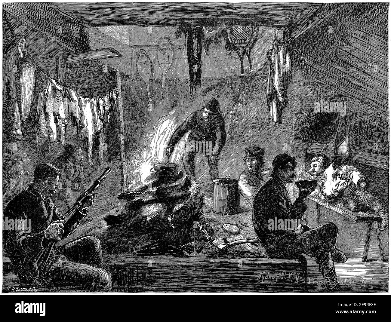 Gravure d'une équipe de chasseurs d'orignaux dans une mante se préparer pour l'aventure du lendemain dans les fanes de Canada Banque D'Images