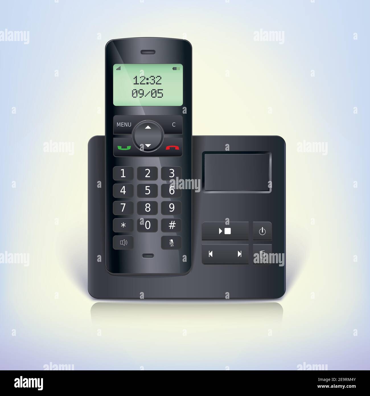 Téléphone sans fil avec répondeur et base sur fond blanc. Illustration de Vecteur