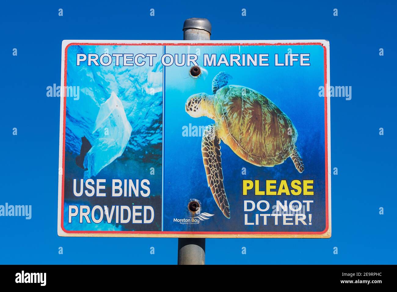 Protégez notre panneau de protection de la vie marine indiquant d'utiliser des bacs pour les sacs en plastique, Beachmere, Queensland, Queensland, Australie Banque D'Images