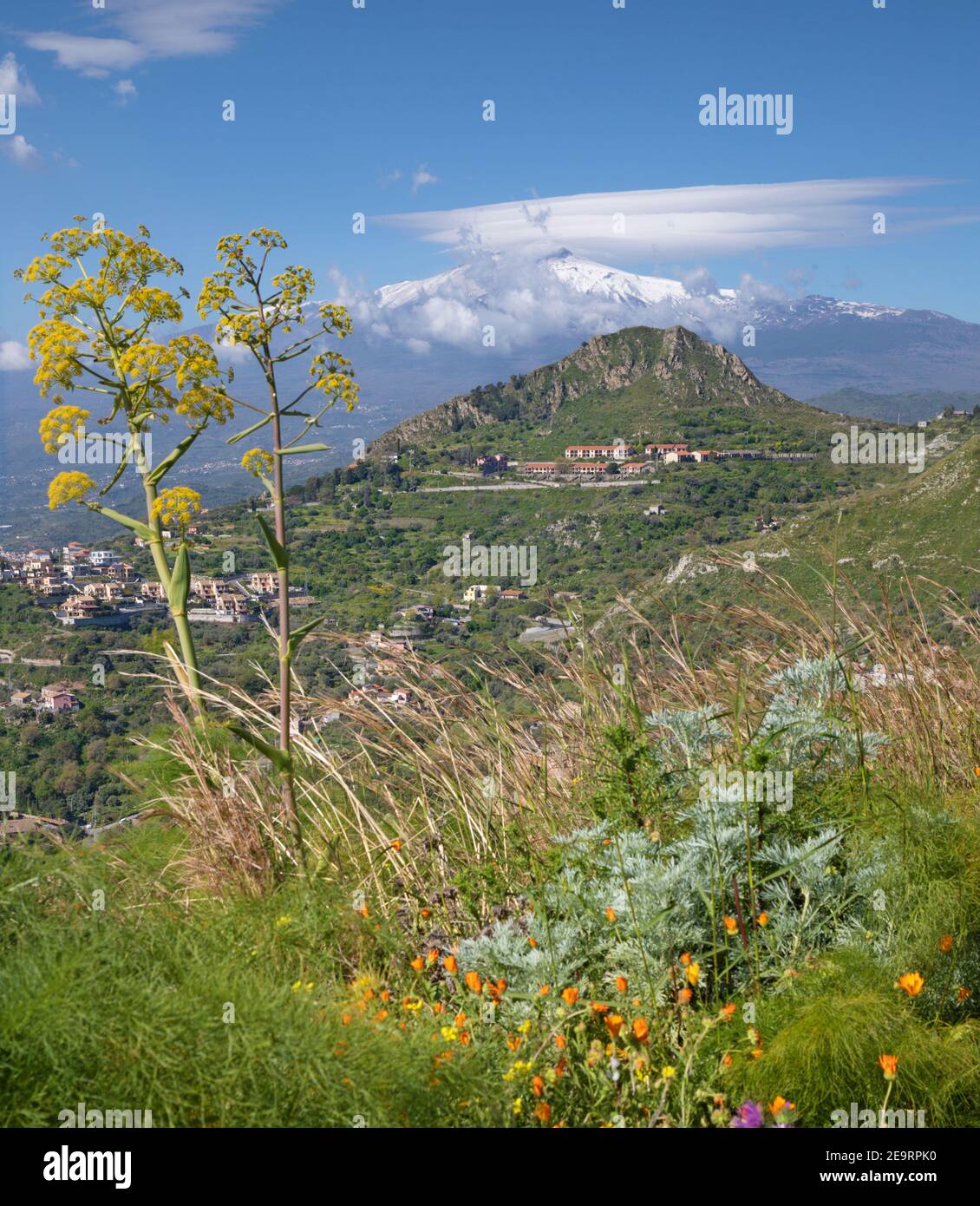 Taormina - Le chemin entre le ressort et le Mt fleurs méditerranéennes. Etna. Banque D'Images