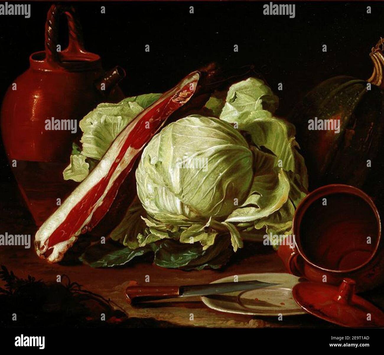 Munari, Cristoforo Munari - - Vasellame di terracotta, zucca, verza, spalla di maiale e piatto con coltello Piatti, vasellame di coccio e di peltro, bistecca e galli. Banque D'Images