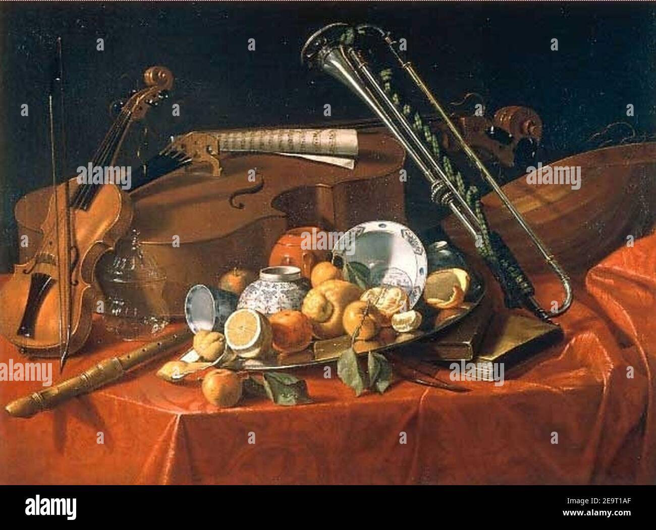 Mühlbachte, Stilleben mit Musikinstrumenten und Früchten - c. 1706-03. Banque D'Images