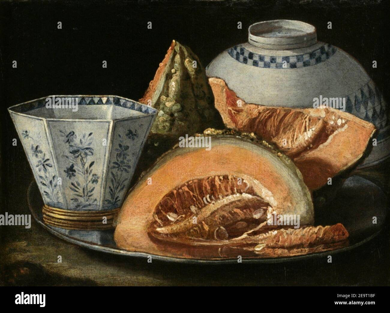 Munari, Cristoforo - UNE vie morte avec Melon, une coupe octogonale bleue et blanche sur un chargeur d'argent. Banque D'Images