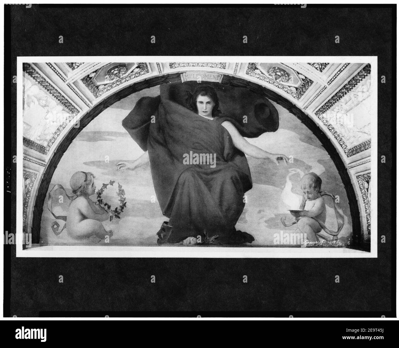 Murale, Melpomene, femme drapé de tissu rouge, avec deux chérubins à ses côtés, dans la Bibliothèque du Congrès Banque D'Images Murale, Melpomene, femme drapé de tissu rouge, avec deux chérubins à ses côtés, dans la Bibliothèque du Congrès Banque D'Images