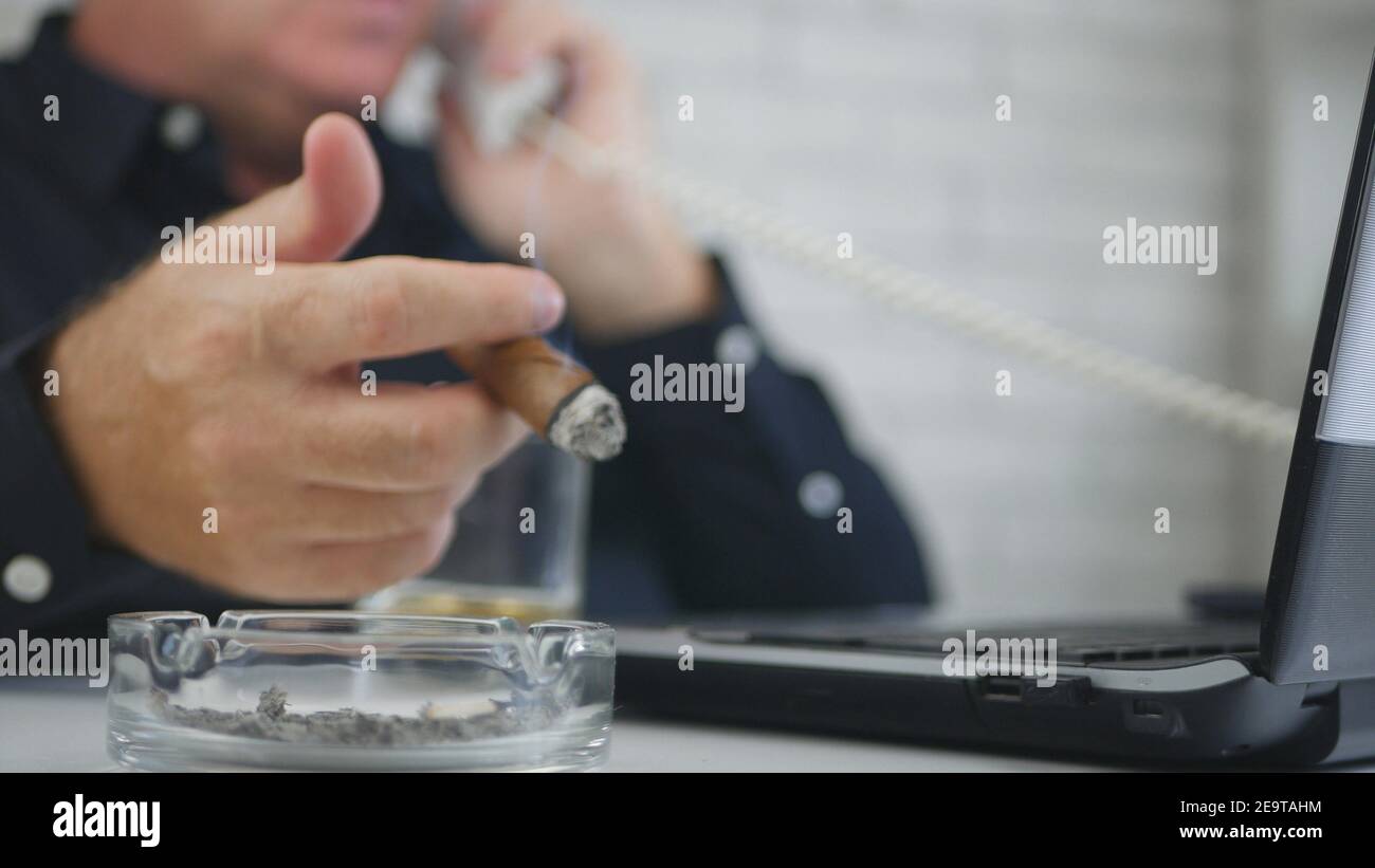 Homme d'affaires fume un cigare dans le bureau regarder à l'ordinateur portable et parler au téléphone. Banque D'Images