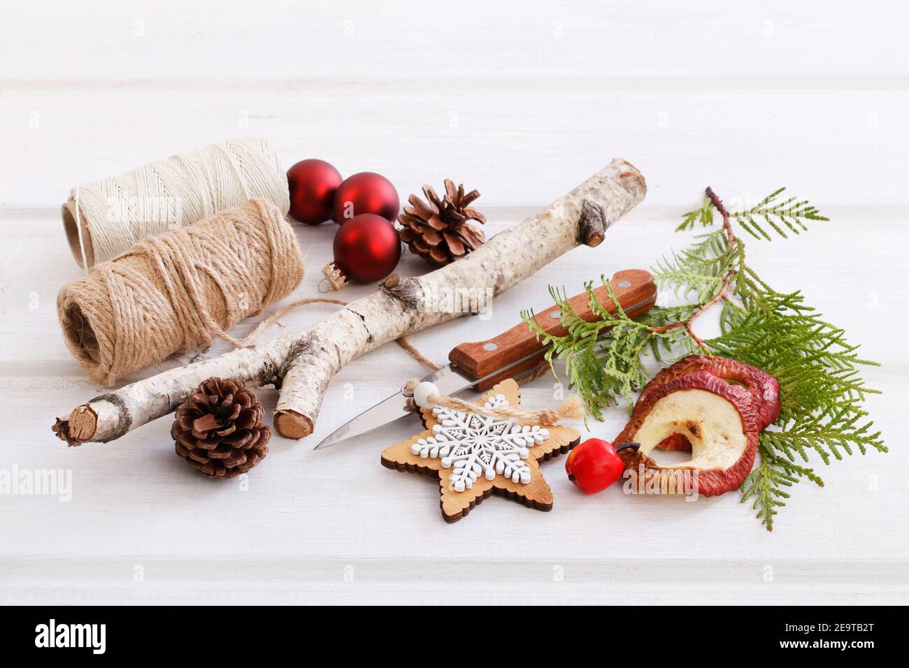 Fleuriste au travail: Femme montre comment faire une décoration de Noël naturelle, en utilisant un bâton de bouleau, des brindilles de thuya, des cônes et des pommes séchées. Étape par étape, tuteur Banque D'Images