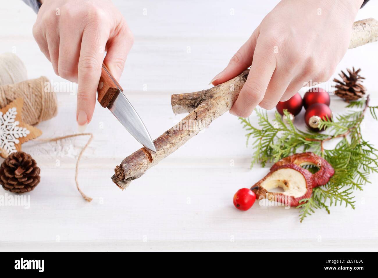 Fleuriste au travail: Femme montre comment faire une décoration de Noël naturelle, en utilisant un bâton de bouleau, des brindilles de thuya, des cônes et des pommes séchées. Étape par étape, tuteur Banque D'Images