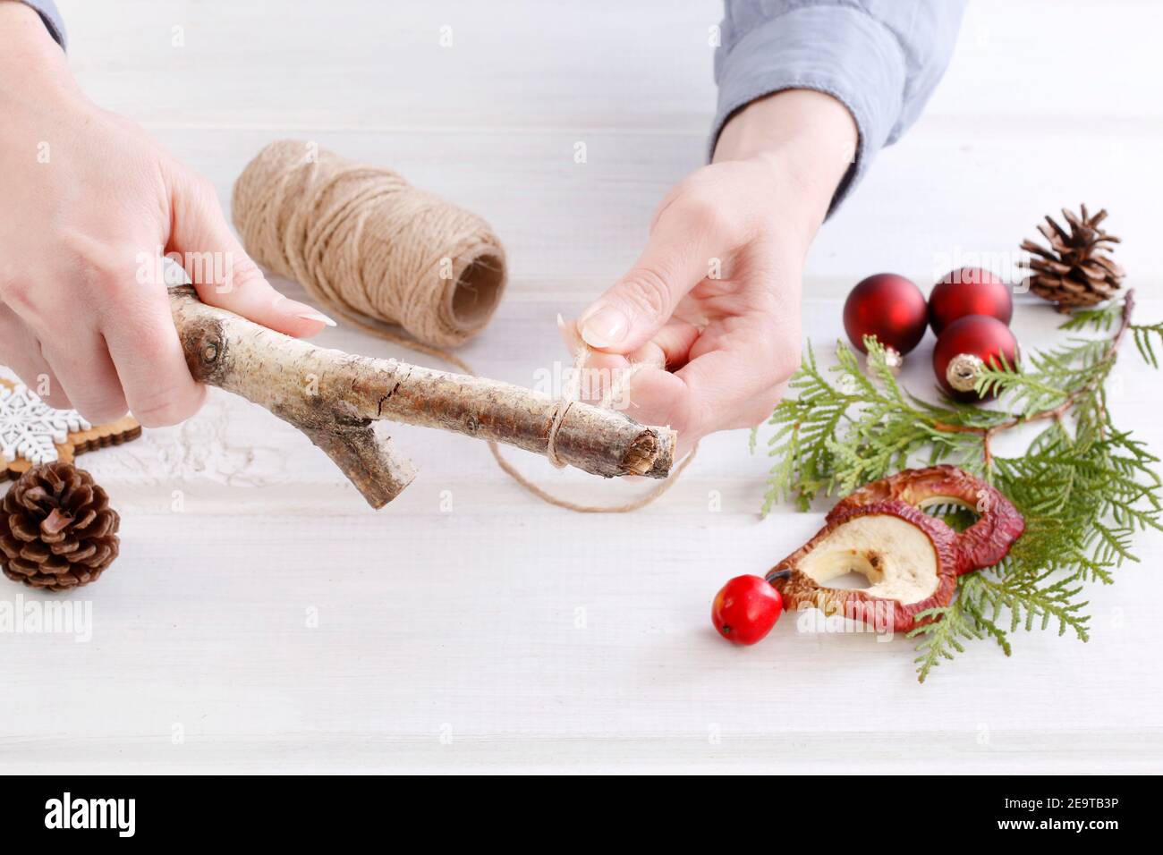 Fleuriste au travail: Femme montre comment faire une décoration de Noël naturelle, en utilisant un bâton de bouleau, des brindilles de thuya, des cônes et des pommes séchées. Étape par étape, tuteur Banque D'Images