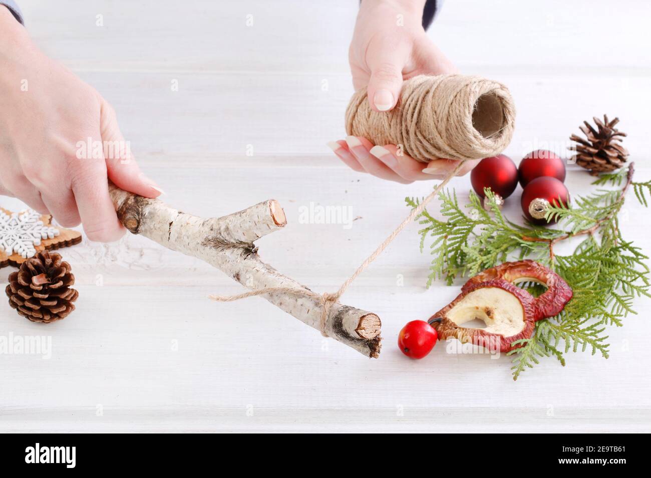 Fleuriste au travail: Femme montre comment faire une décoration de Noël naturelle, en utilisant un bâton de bouleau, des brindilles de thuya, des cônes et des pommes séchées. Étape par étape, tuteur Banque D'Images