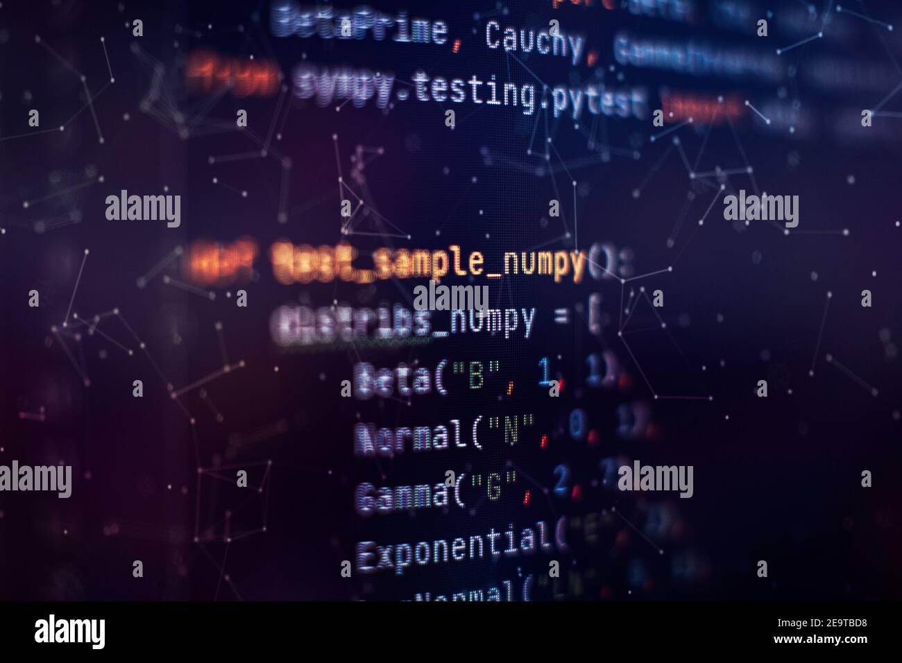 Code de script informatique abstrait. Écran de code de programmation du développeur de logiciel. Temps de travail de programmation logicielle. Texte de code écrit et créé entièrement b Banque D'Images