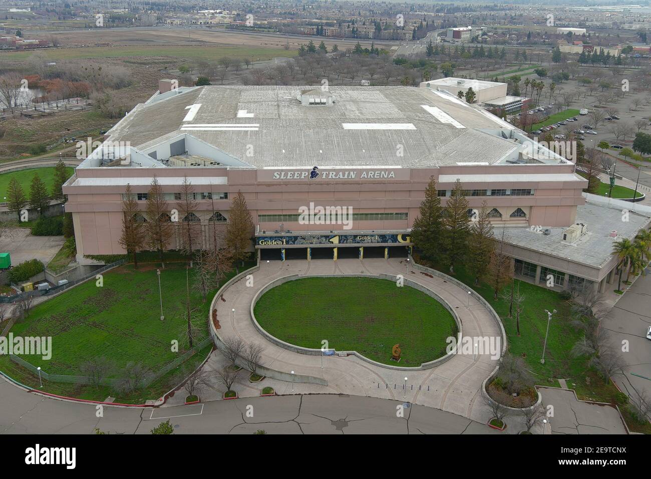 Une vue aérienne de Sleep train Arena, dimanche 24 janvier 2021, à Sacramento, en Californie. Banque D'Images