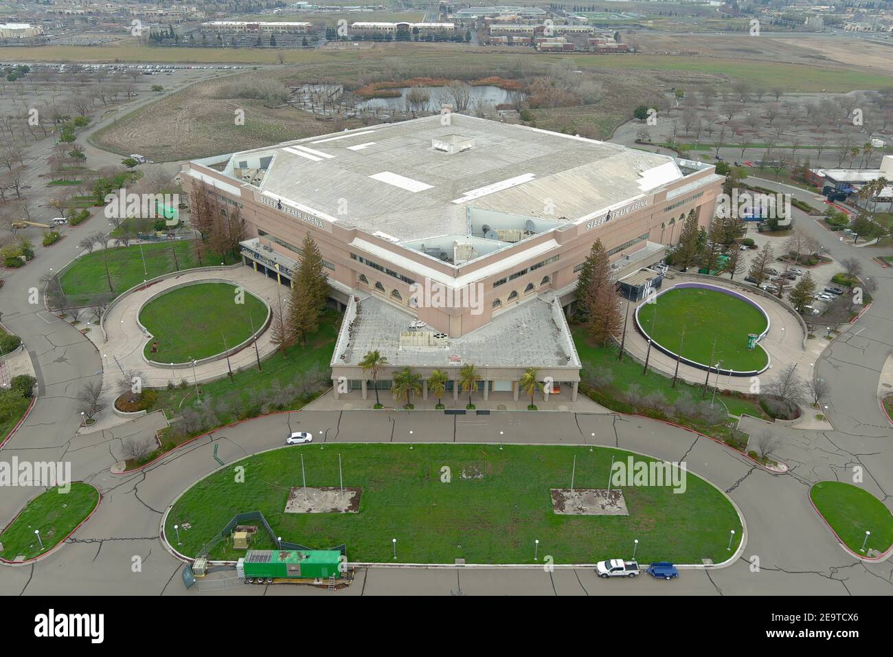 Une vue aérienne de Sleep train Arena, dimanche 24 janvier 2021, à Sacramento, en Californie. Banque D'Images