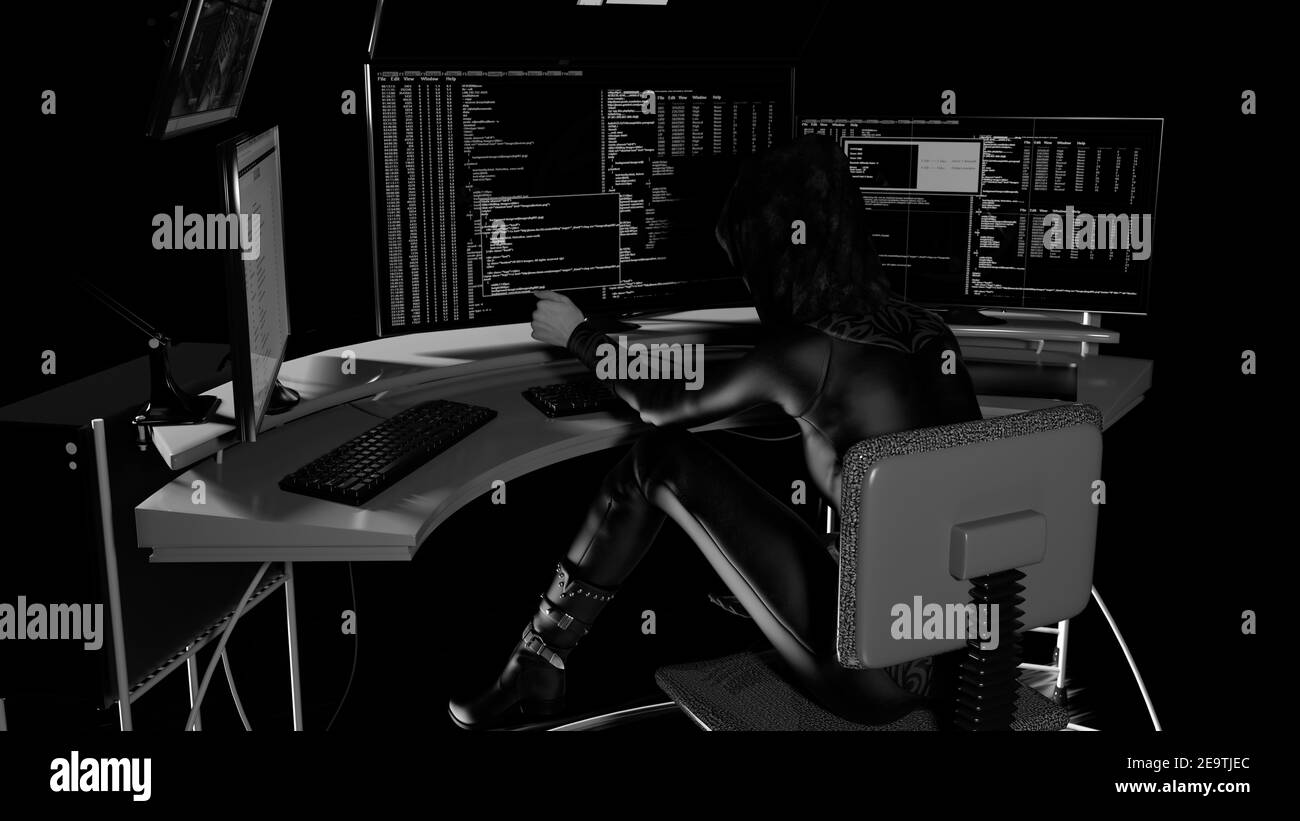 Vue latérale d'une hacker femelle volant des informations de plusieurs ordinateurs - rendu 3d Banque D'Images