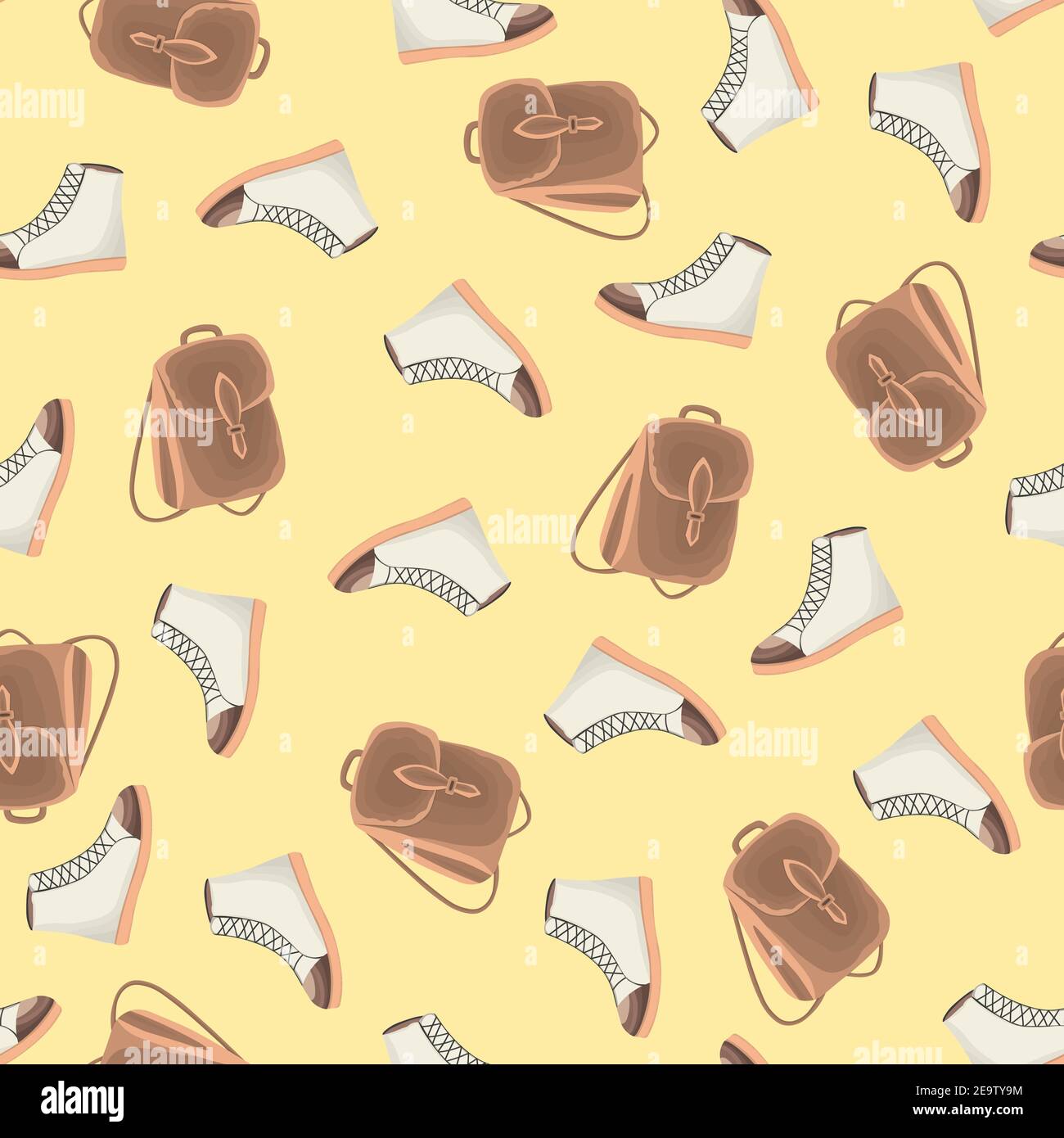 Motif sans coutures avec sac à dos et bottes dans un style plat. Sacs et chaussures en cuir. Accessoire de mode d'automne pour élève, étudiant, fille dans décontracté Illustration de Vecteur