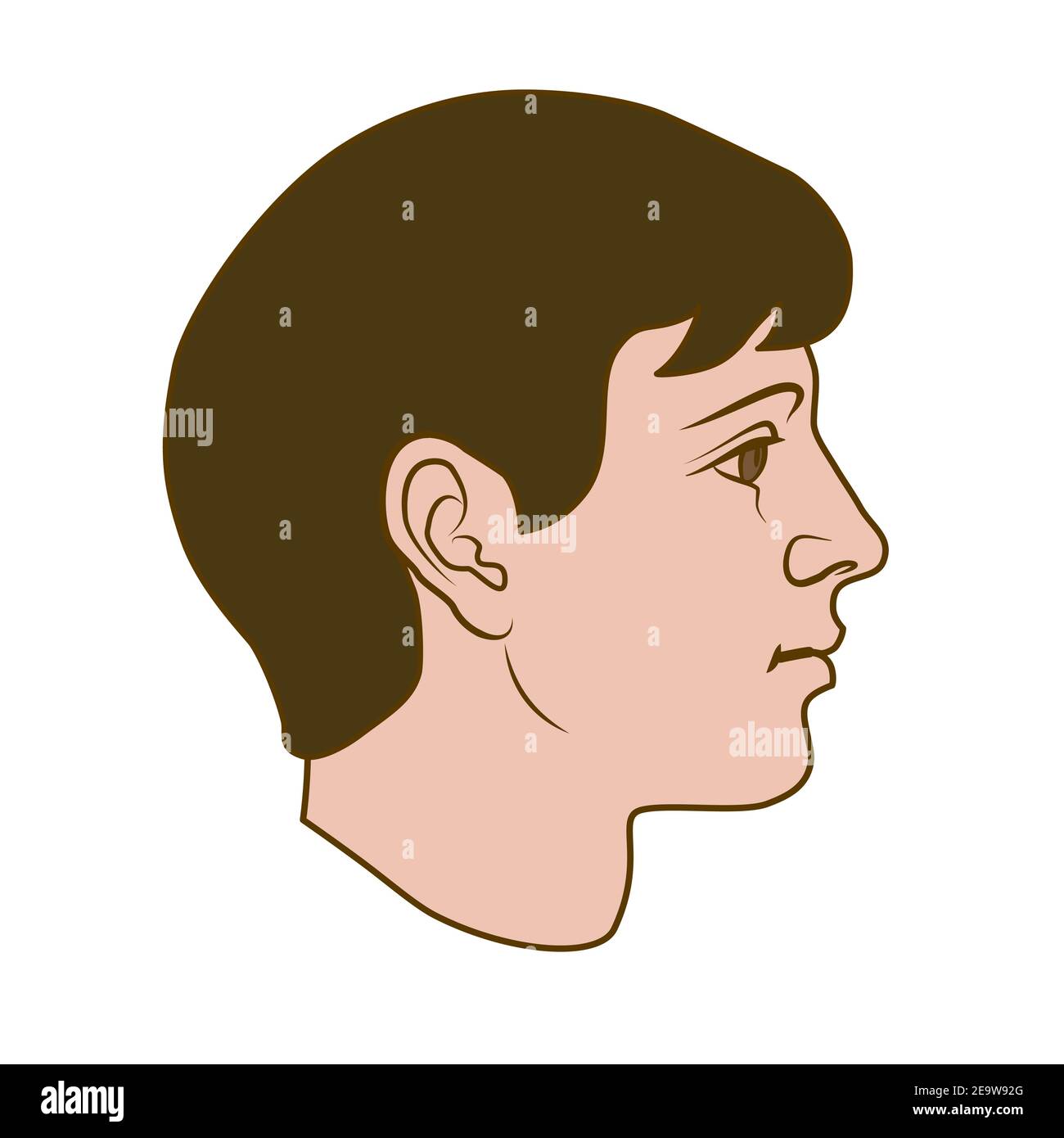 Modèle de tête humaine dessiné à la main dans la vue latérale. Visage neutre, à poil sombre. Dessin vectoriel plat coloré isolé sur fond blanc. SPE 8. Illustration de Vecteur