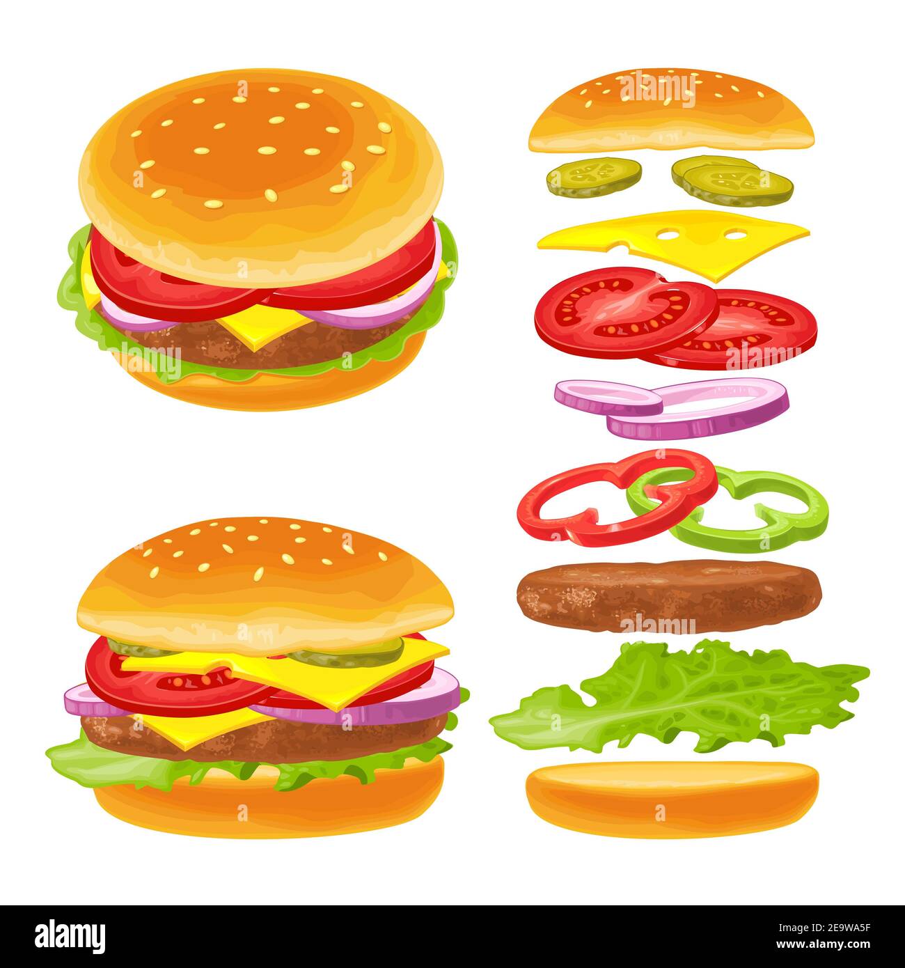 Le hamburger avec ingrédients volants comprend un pain, une tomate, une salade, du fromage, de l'oignon et du concombre. Illustration vectorielle couleur plate isolée sur fond blanc. Banque D'Images