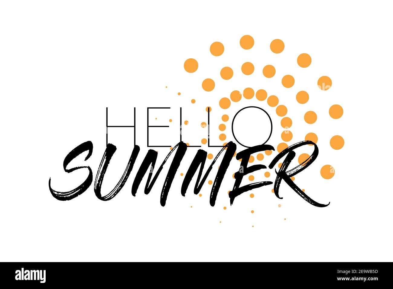 Conception graphique moderne d'un dit « Hello Summer » avec des cercles dans l'abstraction du soleil dans les couleurs jaune et noir. Typographie urbaine et manuscrite utilisée pour tog Banque D'Images