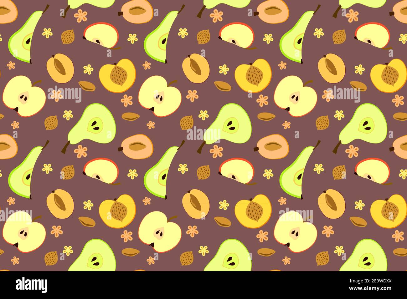 Tranches de fruits frais motif vectoriel sans couture. Toile de fond des pommes, poires, abricots et pêches Illustration de Vecteur