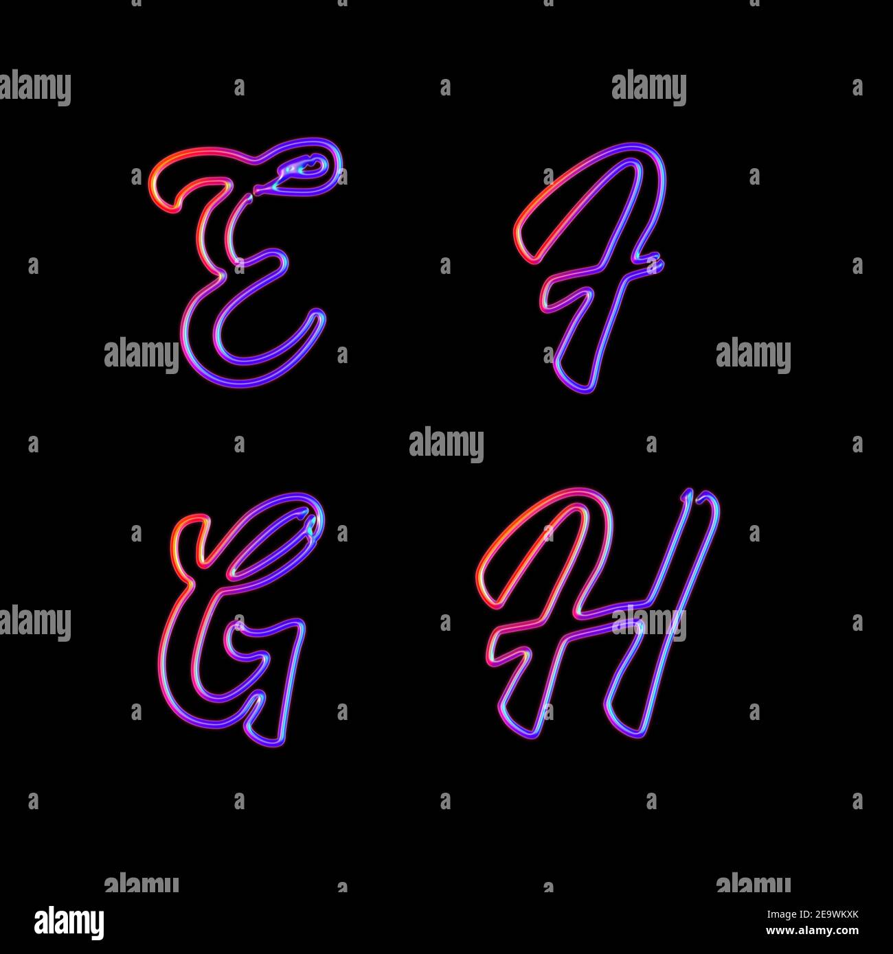 Rendu 3D de lettres majuscules fluo brillantes - lettres E-H. Banque D'Images