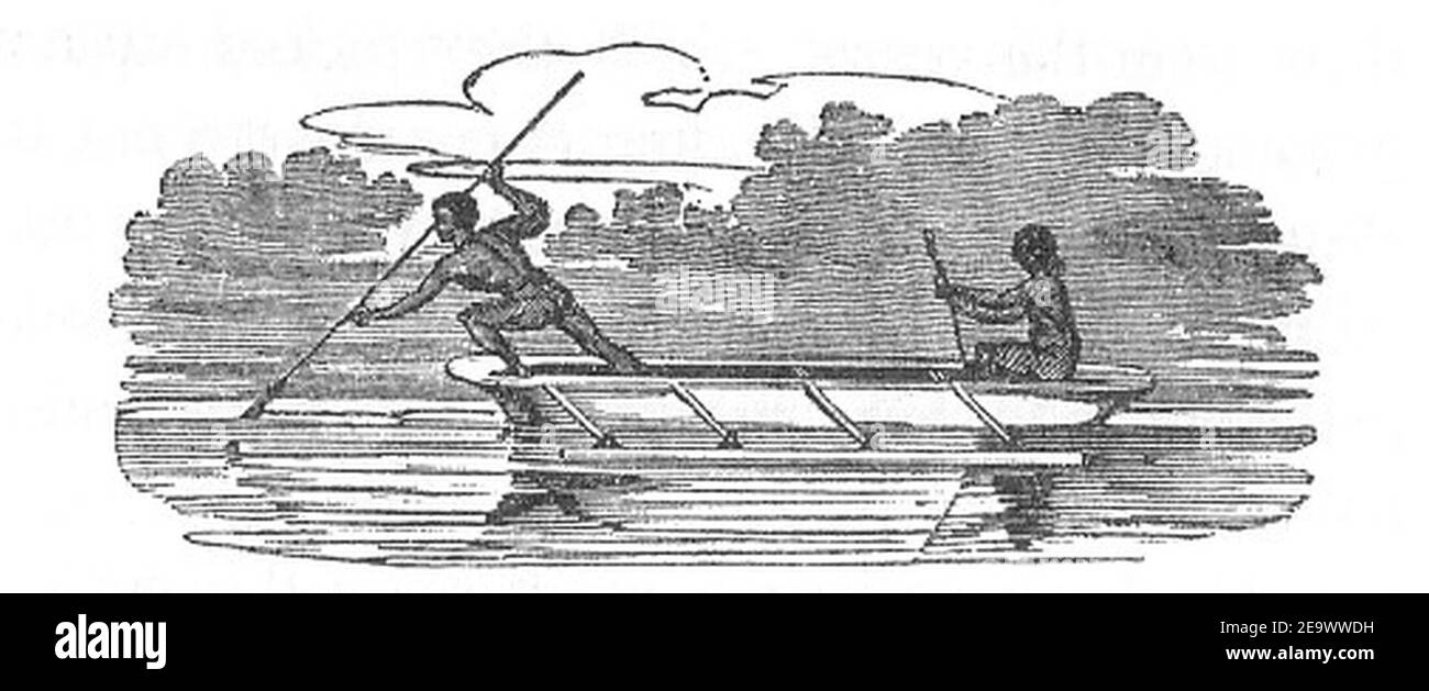 AUTOCHTONES DE ENDEAVOUR RIVER EN CANOË, PÊCHE. Banque D'Images