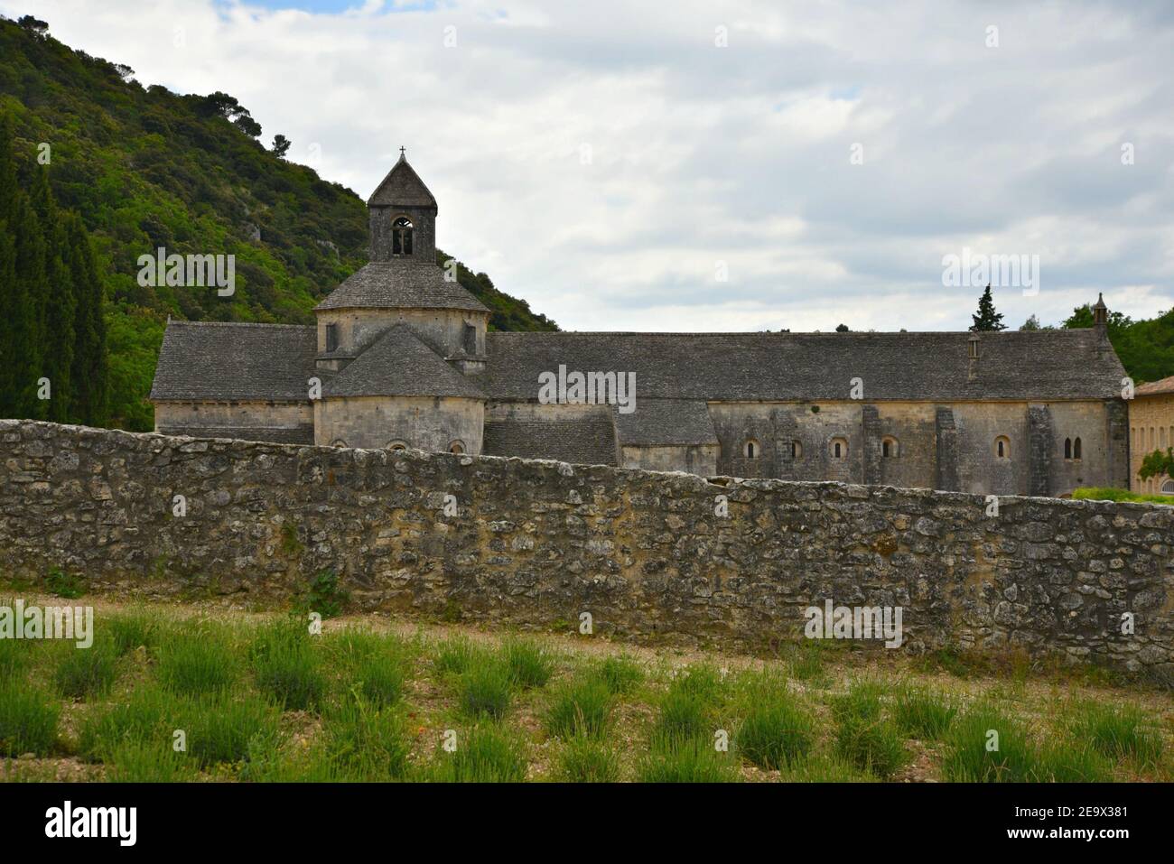 Vue panoramique sur l'abbaye de Sénanque et ses environs, communauté cistercienne proche du village historique de Gordes dans le Vaucluse Provence France. Banque D'Images