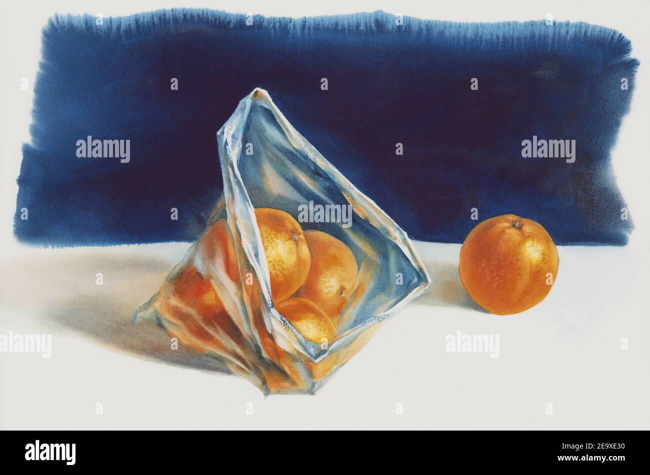 Une vie encore avec des oranges dans un sac en plastique sur fond bleu aquarelle Banque D'Images