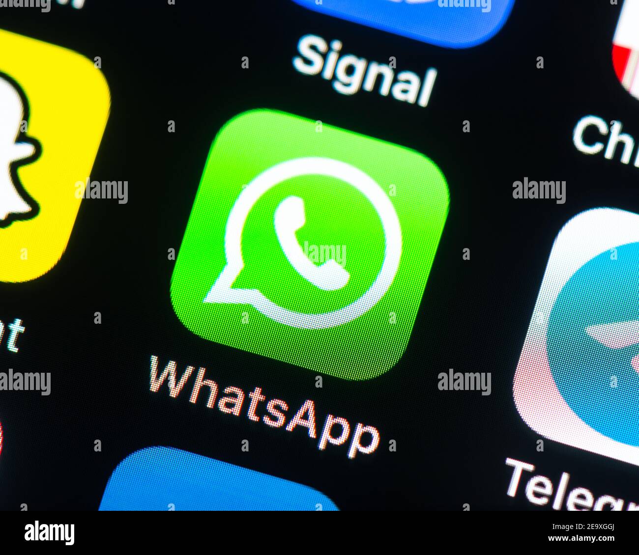 Icône de l'application WhatsApp Messenger sur l'écran de l'iPhone. WhatsApp Messenger est un service de messagerie multi plates-formes gratuit américain appartenant à Facebook. Banque D'Images