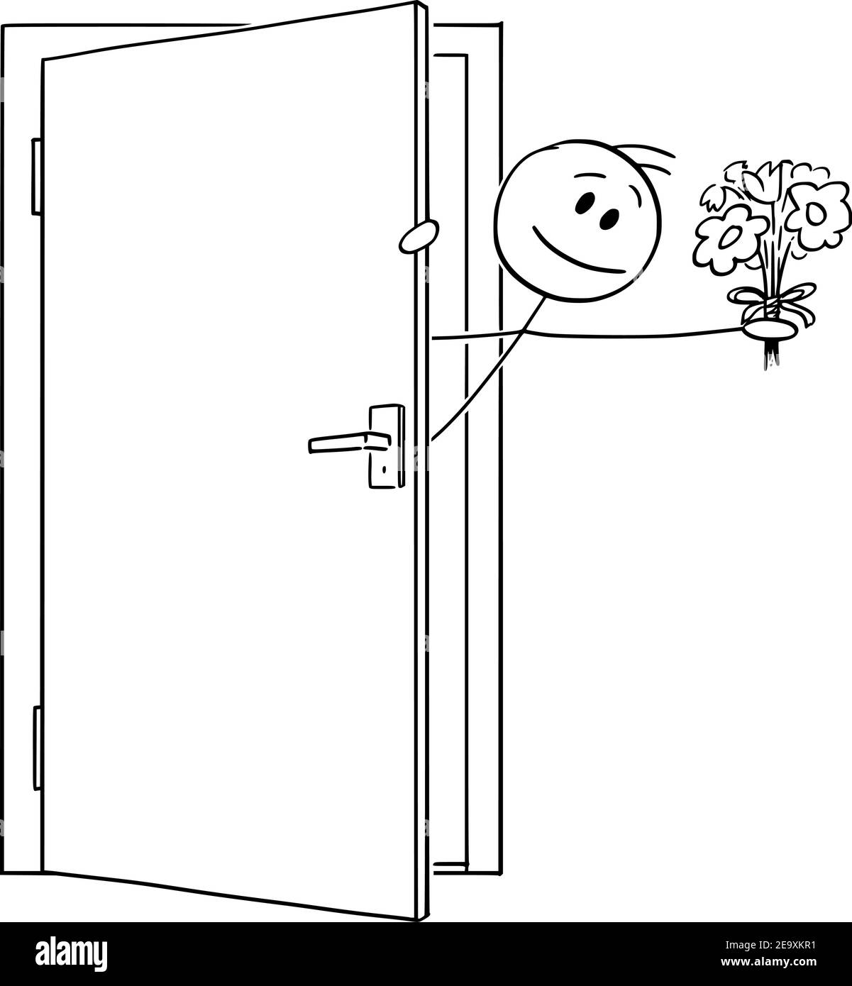Homme ou amant entrant ou sortant de la porte avec des fleurs de Saint-Valentin , dessin animé vectoriel chiffre ou illustration de caractère. Illustration de Vecteur