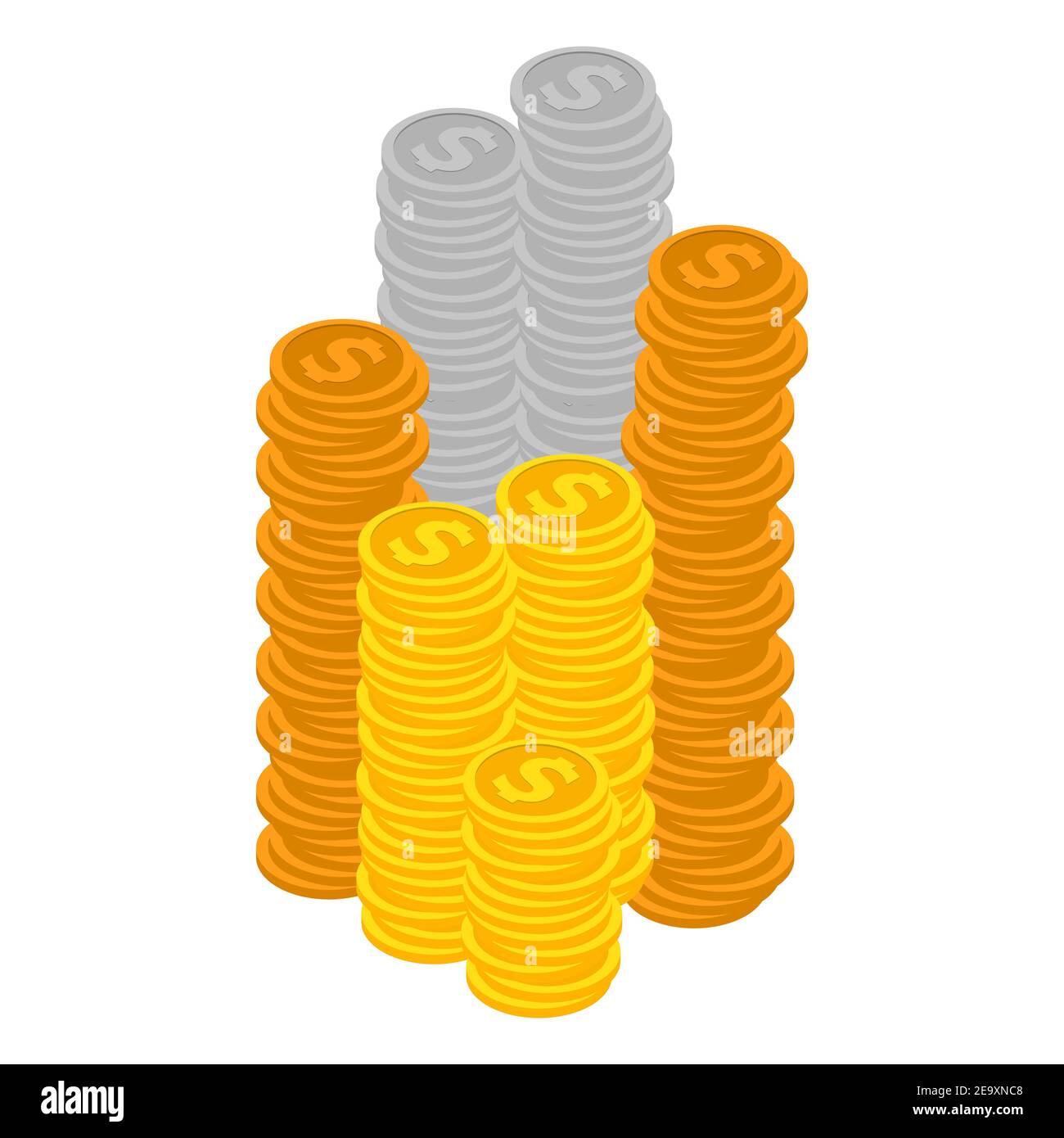 Concept Big Money. Grosses pièces d'or. Des centaines de dollars. Pièces d'or avec signe dollar. Isolé sur un fond blanc. Isométrie. Illustration vectorielle Illustration de Vecteur