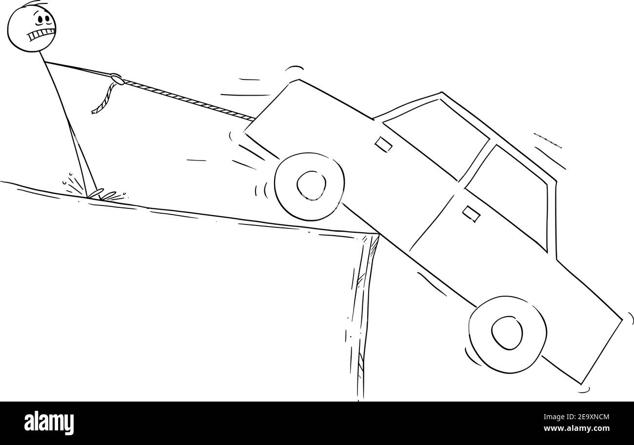 Homme essayant de sauver sa voiture, problème financier, la dette et le prêt, vecteur de dessin animé chiffre ou illustration de caractère. Illustration de Vecteur