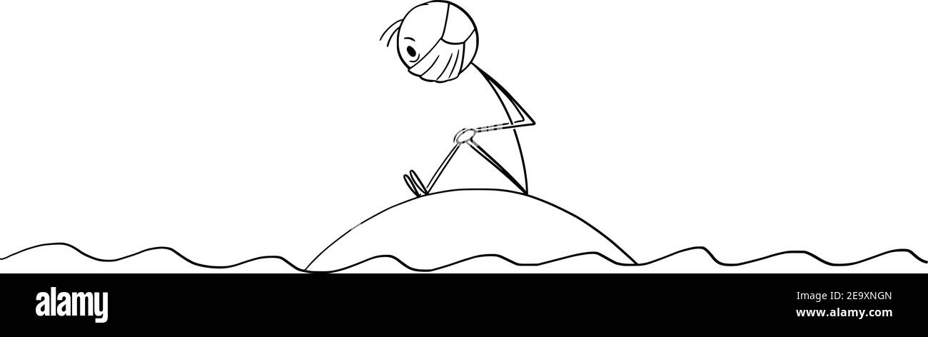 Homme solitaire frustré assis sur une petite île verrouillée pendant la quarantaine de verrouillage de covid-19 ou de coronavirus, figure de bâton de dessin animé vectoriel ou illustration de personnage. Illustration de Vecteur